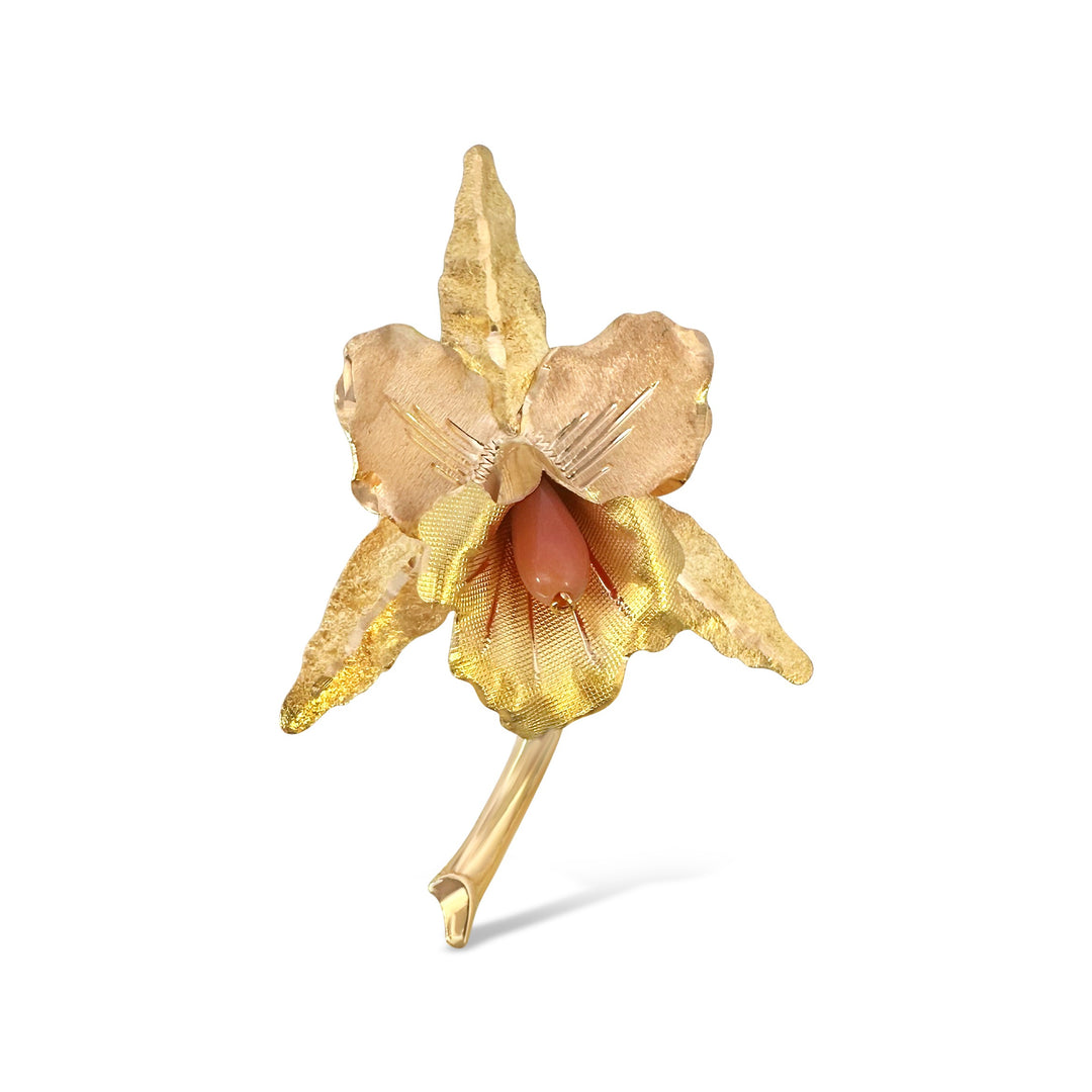 18K Yellow Gold Coral Art Nouveau Estate Pin